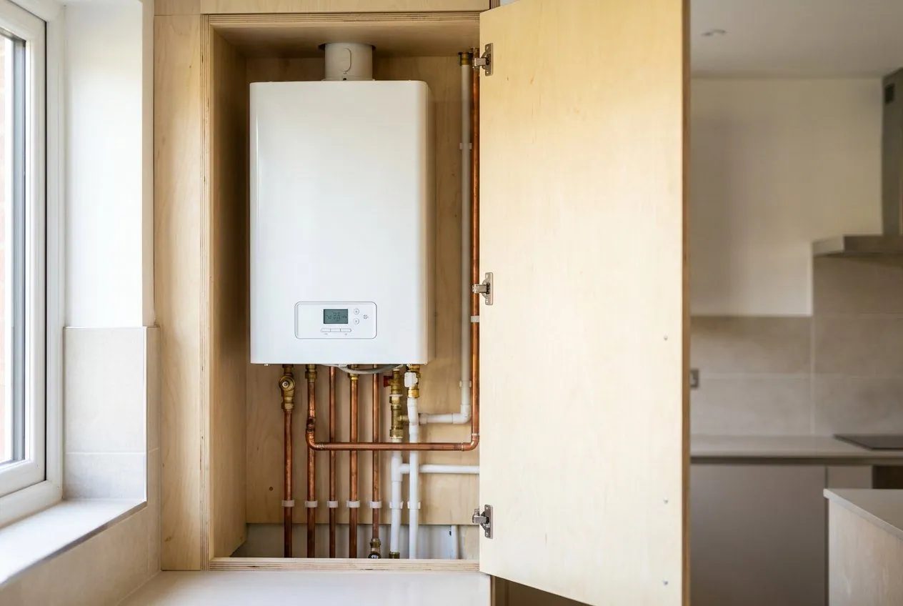 Combi boiler fitted in a kitchen cupboard