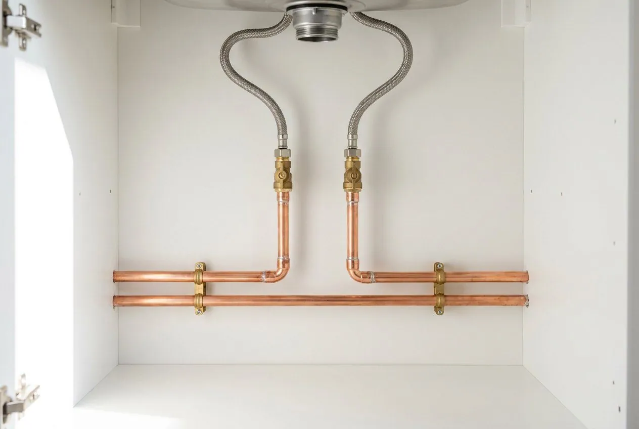 Copper pipework fitted neatly under a sink