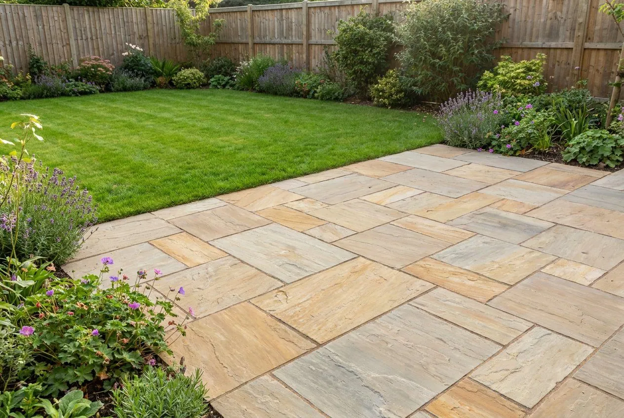 Sandstone patio laid level in a back garden